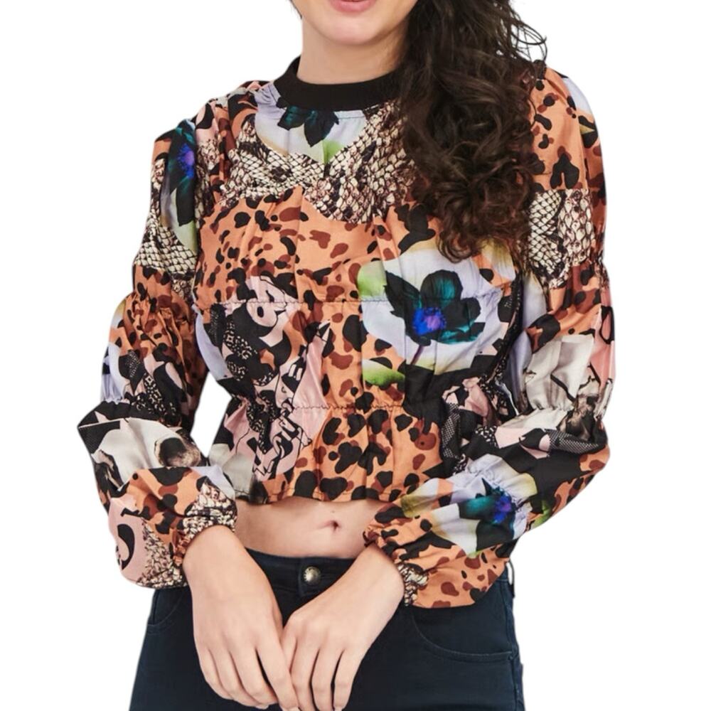 Collusion Floral Patchwork Long Sleeve Crop Top Size 0